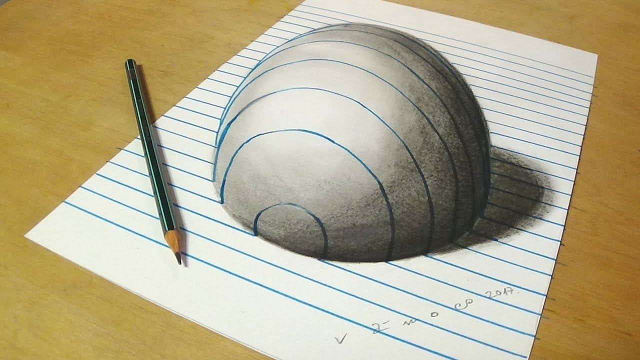 Trick Art on Line Paper – Drawing Half Sphere – Optical Illusion – Mind