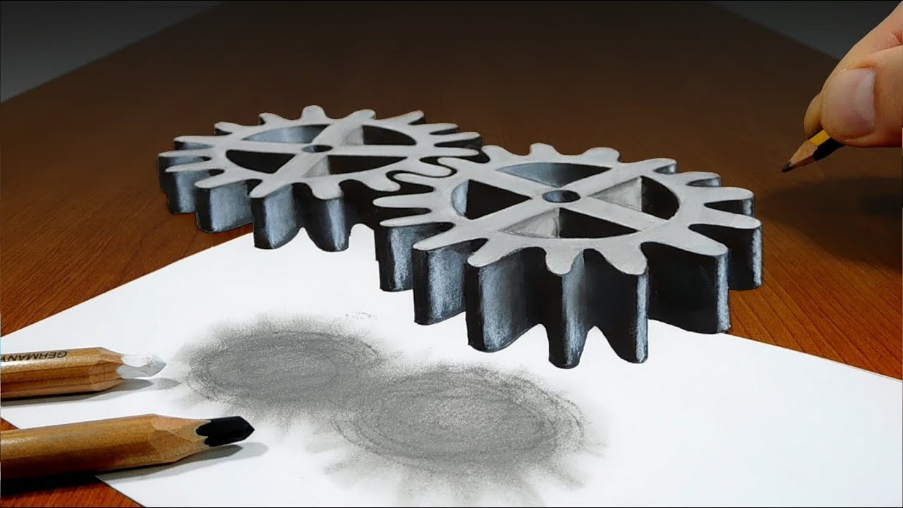 3D Trick Art on Paper   Floating Gear   Optical Illusion