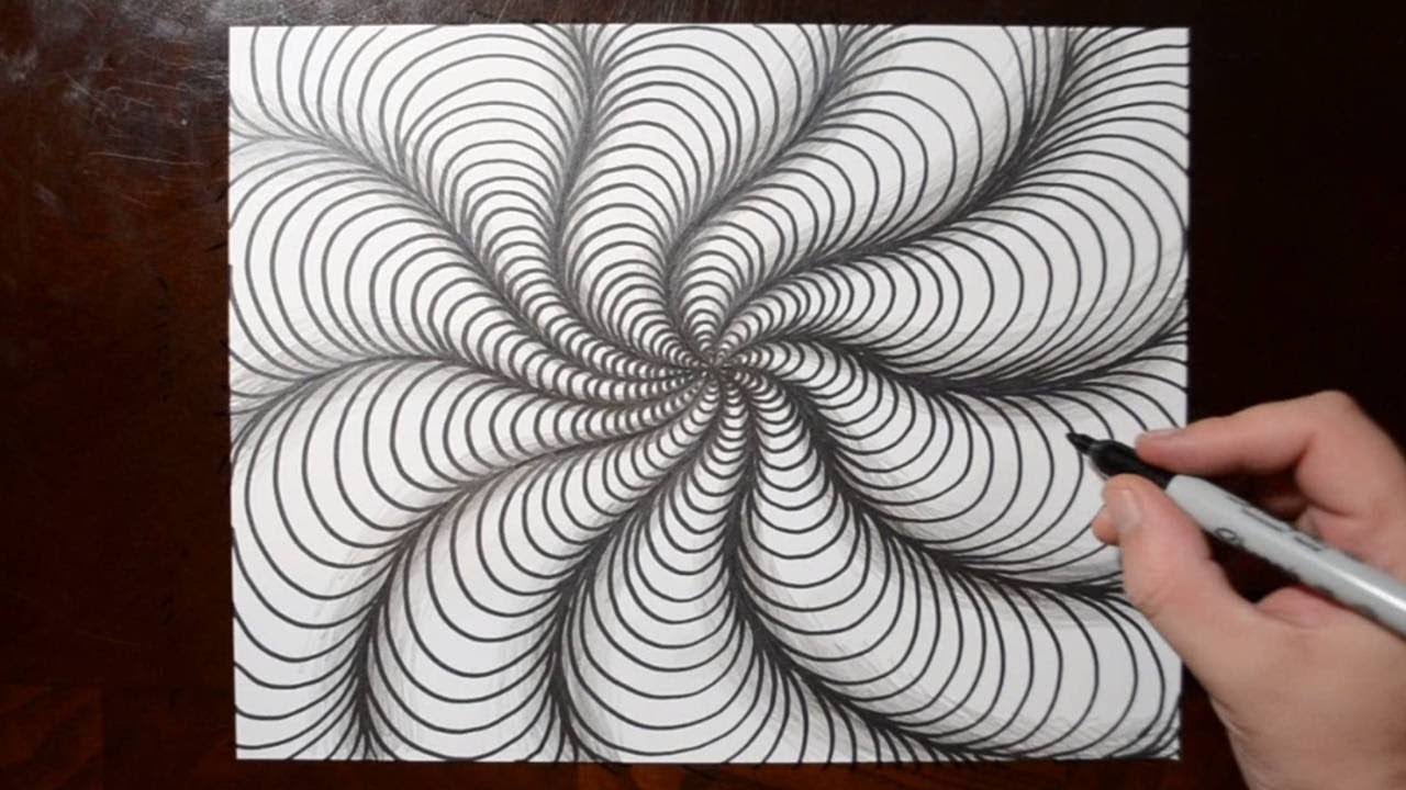 How to Draw Curved Line Illusions - Spiral Sketch Pattern 10