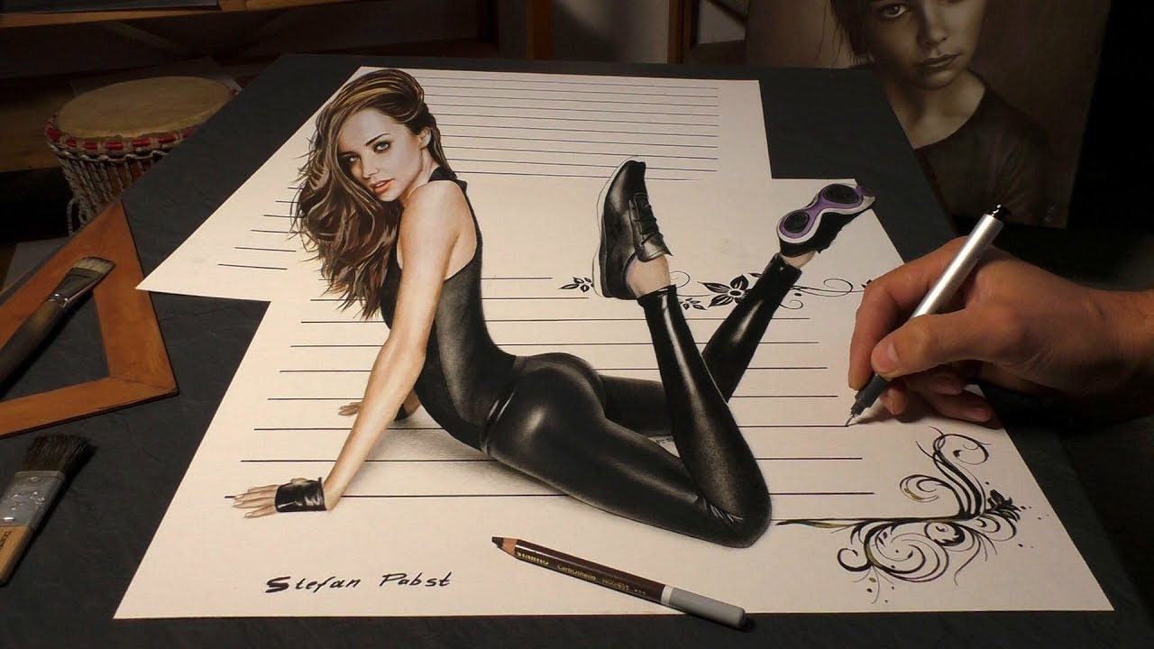 Drawing of Woman/ realistic optical illusion/ 3D Trick Art