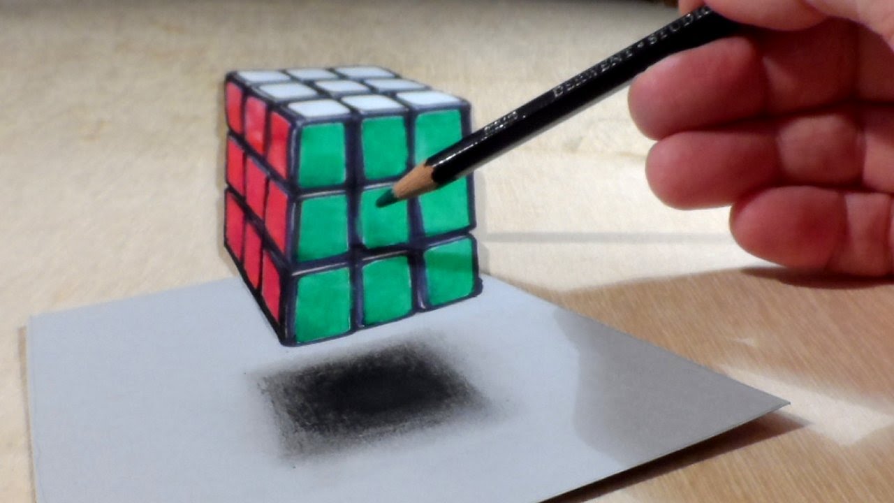 Drawing Floating Rubik's Cube - How to Draw 3D Rubik's Cube - Trick Art on Paper