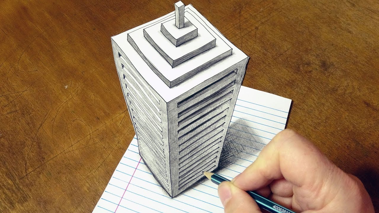 Drawing 3D Skyscraper on Line Paper - How to Draw a Big Building Illusion - #Drawing #Art #HowToDraw