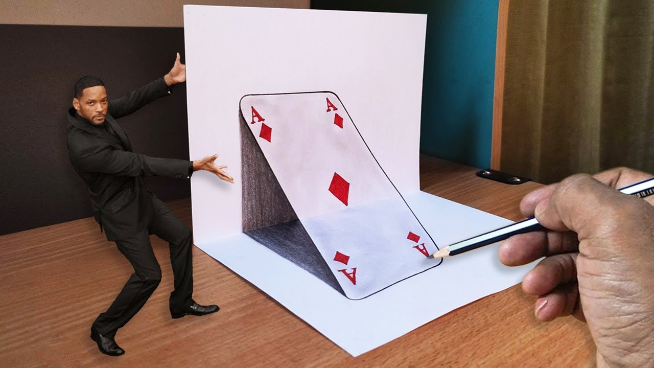 How to draw 3D card Tricky art on paper | optical illusions drawing | 3D floating card drawing