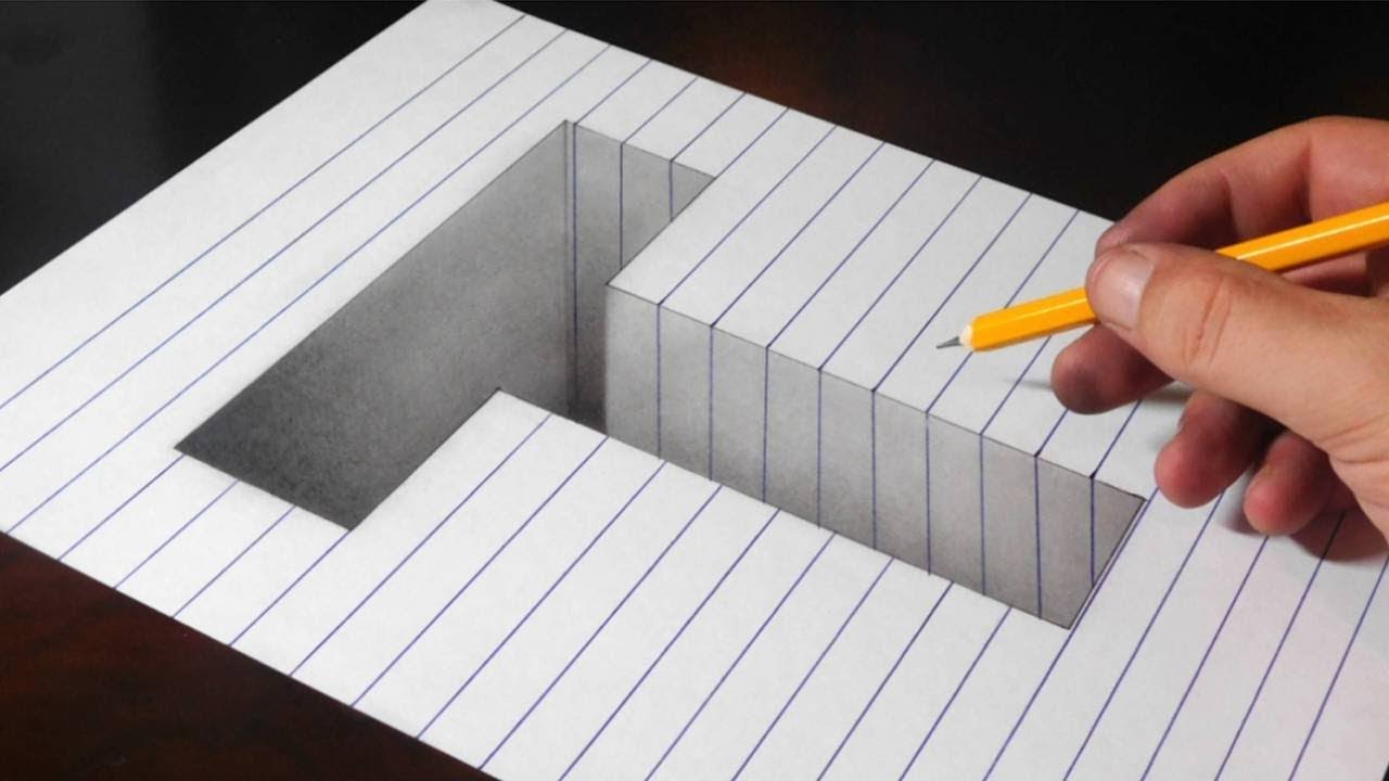 Drawing a T Hole in Line Paper - Easy Trick Art Optical Illusion